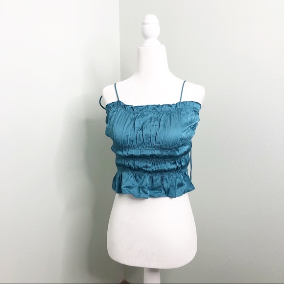 Olivaceous Crop Top Y2K Teal Blue Ruffle Sleeveless - Picture 13 of 13